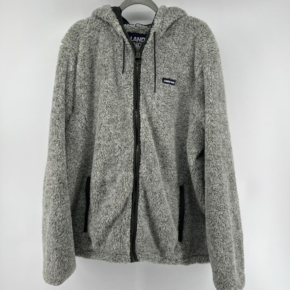 Lands End Womens XL/T Full Zip Hooded Fleece Jacket Green Gray Pockets Soft Cozy